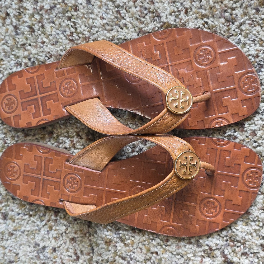 Tory Burch Brown Leather Thong Slide On Sandals